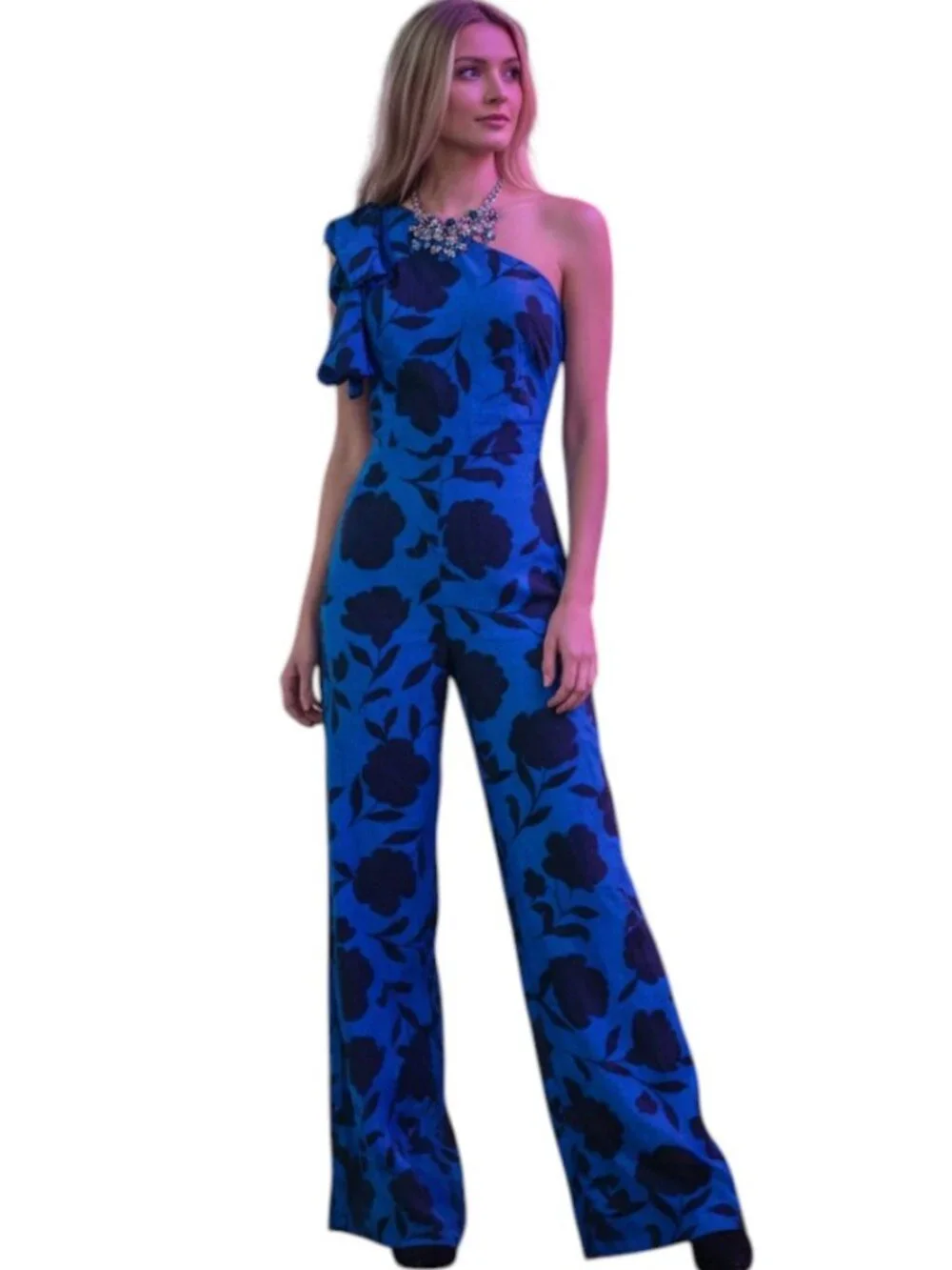 Kate Spade One Shoulder Floral Jumpsuit Blue Black Wide Leg Size 0 NWT